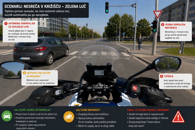 Read more about the article Zakaj je zelena luč v križišču najbolj nevarna predvsem za motoriste?